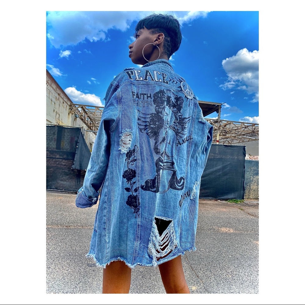 This cool edgy oversized denim jacket is unisex.